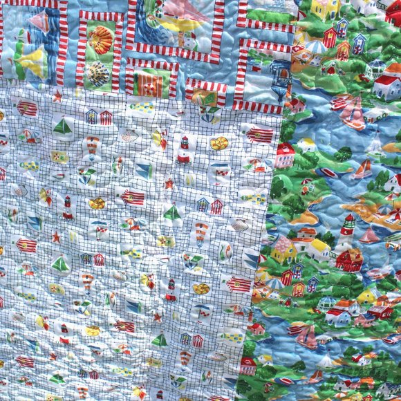Vintage Handmade Patchwork Quilt Cotton Beach Ocean Seaside Theme - Picture 14 of 15